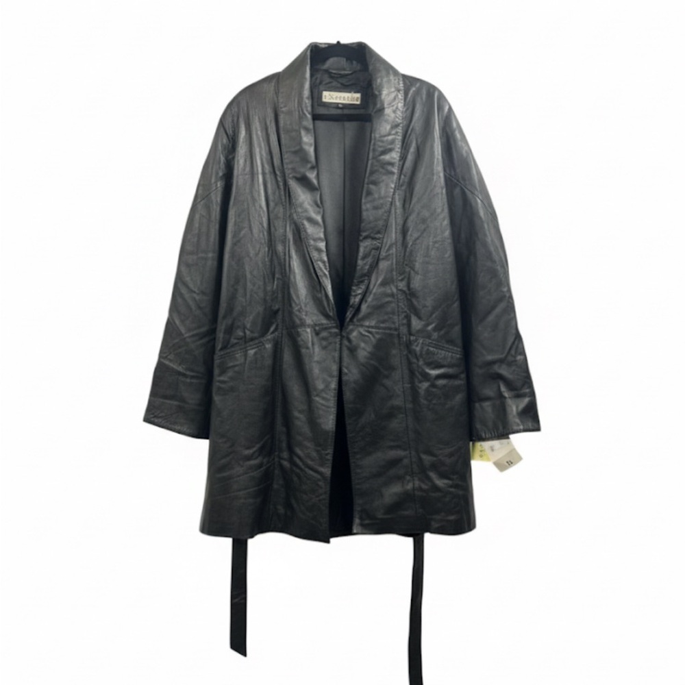 NOS Vintage Black Leather Robe Wrap Coat Style Belted Jacket